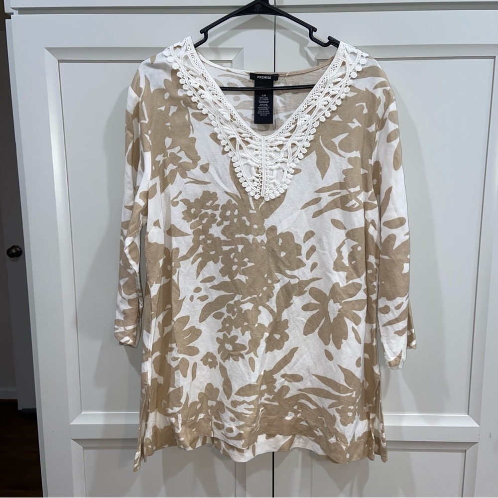 Premise women's L linen blend relaxed fit tunic top with crochet detail EUC